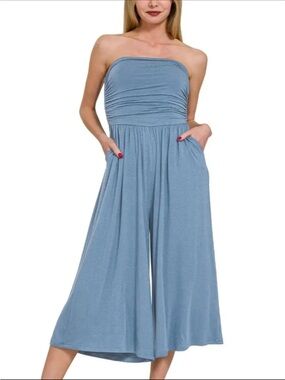 Zenana Outfitters Strapless Wide-Leg Cropped Jumpsuit in Dusty Blue